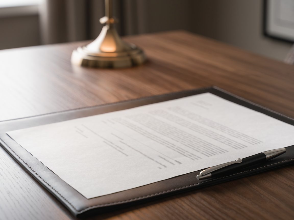 A printed bill on a desk with a pen resting beside it